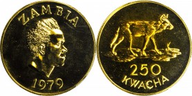 ZAMBIA. 250 Kwacha, 1979. PCGS MS-63 Gold Shield.

Fr-1; KM-20. Conservation Series issue featuring the African Wild Dog, with a mintage of only 455...