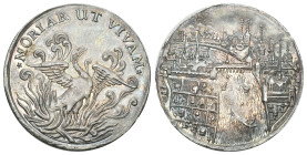 BASEL Silbermedaille o.J. (um 1640). Stempel von F. Fecher. Stadtansicht von Nordwesten mit aufgehen­der Sonne, unten links Stempelschneider-Signatur ...
