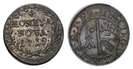 BASEL Johann Konrad II. von Reinach-Hirzbach, 1705-1737. Vierer 1719, Pruntrut. Divo/Tobler 713b. HMZ 2-152b. 0.37 g. Selten, besonders in dieser Erha...