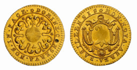 BASEL Goldgulden o. J. (um 1720). 6,44 g. * MON · NOVA · AUREA · BASILEENSIS Wappen auf verzierter Kartusche//* DOMINE · CONSERVA · NOS · IN · PACE Re...
