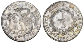 BASEL Dritteltaler 1766, Basel. Münzzeichen H (für Handmann) über der Jahreszahl. Kettenrand. 8.54 g. D.T. 763b. HMZ 2-101b. Gutes vorzüglich
