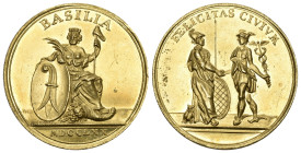 BASEL Goldene Verdienstmedaille zu 6 Dukaten von 1770. Stempel von Johann Jakob I. Handmann. Sitzende Stadtgöttin mit Wappenschild und Stab mit Freihe...