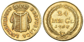 LUZERN 24 Münzgulden (Doppelduplone) 1796, Luzern. Gekröntes, mit Girlanden behangenes Luzerner Wappen. Rv. Wertangabe mit Jahreszahl zwischen Lorbeer...