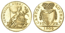 LUZERN 10 Franken 1804, Luzern. Laubrand. Mzz. B hinter dem Wappengrund der Rückseite. 4.69 g. Wielandt (Luzern) 209. D.T. 52. HMZ 2-667a. Vorzüglich ...