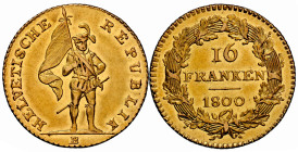 HELVETISCHE REPUBLIK 16 Franken 1800 B, Bern. Stehender Krieger mit Fahne in der rechten Hand. HELVETISCHE REPUBLIK. Unten im Abschnitt Mzz. B. Rv. Re...