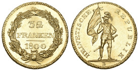 HELVETISCHE REPUBLIK 32 Franken 1800 B, Bern. Stehender Krieger mit Fahne in der rechten Hand. HELVETISCHE REPUBLIK. Unten im Abschnitt Mzz. B. Rv. Re...