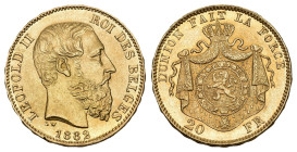 BELGIEN. Königreich. Leopold II. 1865-1909. 20 Francs 1882, Brüssel. 6.44 g. Vanhoudt/Saunders 549. Schl. 27. Fr. 412. bis unzirkuliert