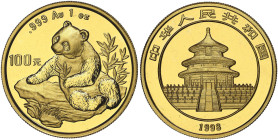 CHINA. VOLKSREPUBLIK CHINA. 100 Yuan 1998. Panda. 31,10 g Feingold. Fb. B 4. Wang/Chan/Lin CC-1031 B. Originalverschweißt mit Originalzertifikat. Stem...