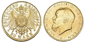 BAYERN Ludwig III., 1913-191, 20 Mark 1914 D. Gold Kratzer im Halsbereich sonst Proof