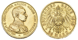 PREUSSEN Wilhelm II., 1888-1918. 20 Mark 1915 A. Kaiser in Uniform. J. 253. Seltener Jahrgang. Vorzüglich bis unzirkuliert