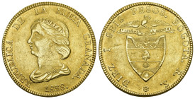 COLOMBIA Republic of Nueva Granada AV 16 Pesos. Popayan mint, 1846. Assayer UE. REPUBLICA DE LA NUEVA GRANADA., draped bust of Liberty to left, wearin...