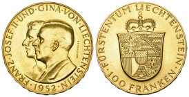 LIECHTENSTEIN. Franz Josef II. 1938-1989. 100 Franken 1952, Bern. 32.30 g. Divo 131. HMZ 2-1385a. Fr. 19. fast FDC