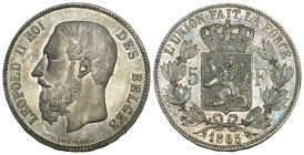 BELGIEN Königreich. Leopold II. (1865 - 1909). 5 Francs 1865 (Silber). 37 mm. 24,99 g. KM 24 fast Stgl