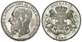 BELGISCH KONGO Leopold II., 1865-1909. 5 Francs 1887. 25,01 g. Dav. 10; K./M. 8.1. Hübsche Patina, fast Stgl Prooflike