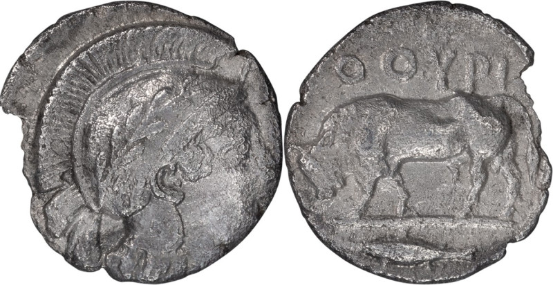 Lucania, Thurium; c. 443-400 BC, Triobol, 1.14g. Cf. SNG ANS-1108. Obv: Helmeted...