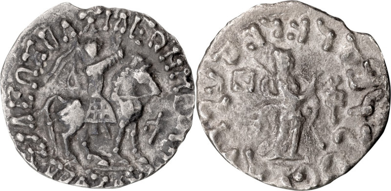 Indo-Scythians, Azes II; Drachm, 1.05g. C-847d. Obv: King on horseback r., Karos...