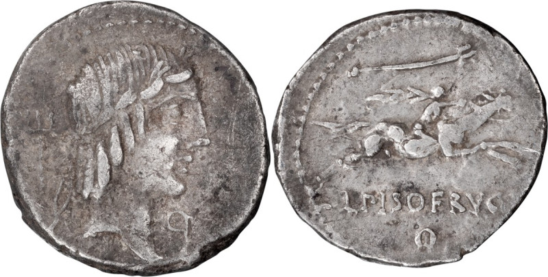 L. Calpurnius Piso Frugi; 90 BC, Denarius, 3.70g. Cr-340/1. Obv: Laureate head o...