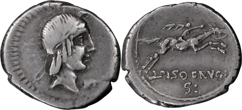 L. Calpurnius Piso Frugi; 90 BC, Denarius, 3.68g. Cr-340/1. Obv: Laureate head o...