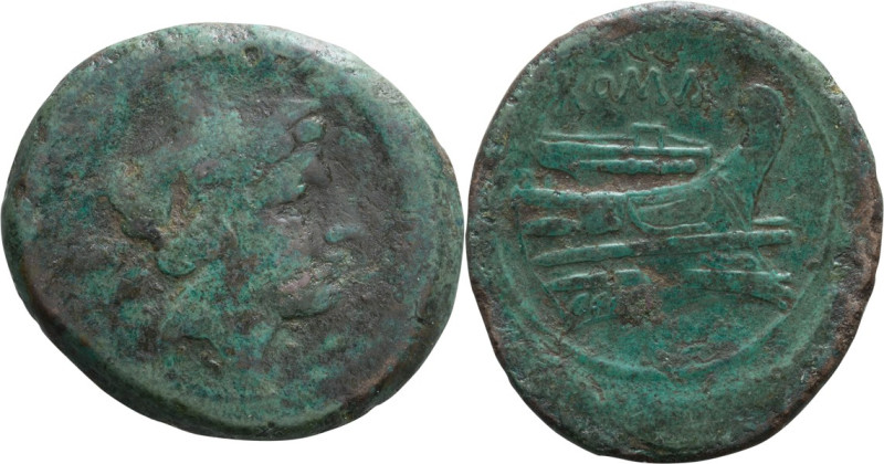 Anonymous; 217-215 BC, Semuncia, 5.21g. Cr-38/7. Obv: Head of Mercury r. Rx: Pro...