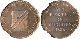 GREECE. Otho, 1832-1862. Pattern 5 Lepta 1833 (Copper, 25 mm, 6.71 g, 6 h), struck from dies by Traugott Ertel, Munich, reeded edge. ZUR KÖN• MÜNZE IN...