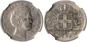GREECE. Otho, 1832-1862. 1 Drachmi 1833 (Silver, 23 mm, 4.41 g, 7 h), Munich, struck from dies by Carl Friedrich Voigt, reeded edge. ΟΘΩΝ ΒΑΣΙΛΕΥΣ ΤΗΣ...