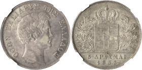 GREECE. Otho, 1832-1862. 5 Drachmai 1833 (Silver, 38 mm, 22.28 g, 6 h), Munich, struck from dies by Carl Friedrich Voigt, reeded edge. ΟΘΩΝ ΒΑΣΙΛΕΥΣ Τ...