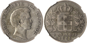 GREECE. Otho, 1832-1862. 5 Drachmai 1833 (Silver, 38 mm, 21.94 g, 5 h), Athens, but struck in 1843, in a mintage of 435 pieces, struck from dies by Ca...