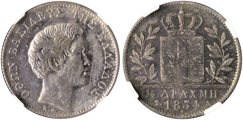 GREECE. Otho, 1832-1862. 1/2 Drachmi 1834 (Silver, 19 mm, 2.27 g, 6 h), Paris, s...