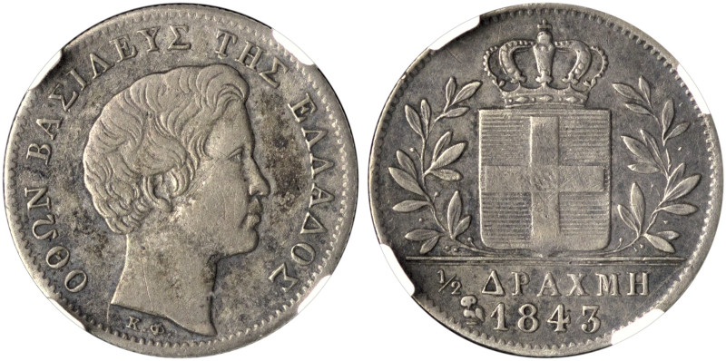GREECE. Otho, 1832-1862. 1/2 Drachmi 1843 (Silver, 19 mm, 2.22 g, 6 h), Athens, ...