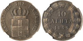 GREECE. Otho, 1832-1862. 10 Lepta 1844 (Copper, 28 mm, 12.61 g, 6 h), the variety with BΑΣΙΛΕΙON, Athens, struck from dies by K. Lange, reeded edge. B...