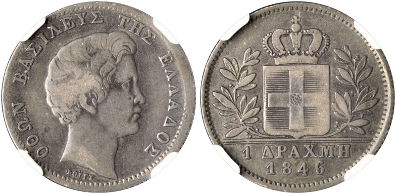 GREECE. Otho, 1832-1862. 1 Drachmi 1846 (Silver, 23 mm, 4.39 g, 6 h), Athens, st...