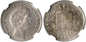 GREECE. Otho, 1832-1862. 1/2 Drachmi 1847 (Silver, 19 mm, 2.17 g, 7 h), Athens, struck from dies by Carl Friedrich Voigt, reeded edge. ΟΘΩΝ ΒΑΣΙΛΕΥΣ Τ...
