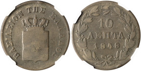 GREECE. Otho, 1832-1862. 10 Lepta 1848 (Copper, 28 mm, 12.23 g, 7 h), Athens, struck from dies by K. Lange, reeded edge. BΑΣΙΛΕΙON ΤΗΣ ΕΛΛΑΔΟΣ Crowned...