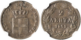 GREECE. Otho, 1832-1862. 2 Lepta 1851 (Copper, 17 mm, 2.65 g, 6 h), Athens, struck from dies by K. Lange, reeded edge. BΑΣΙΛΕΙON ΤΗΣ ΕΛΛΑΔΟΣ Crowned s...