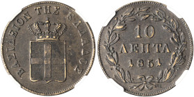 GREECE. Otho, 1832-1862. 10 Lepta 1851 (Copper, 28 mm, 13.40 g, 6 h), Athens, struck from dies by K. Lange, reeded edge. BΑΣΙΛΕΙON ΤΗΣ ΕΛΛΑΔΟΣ Crowned...