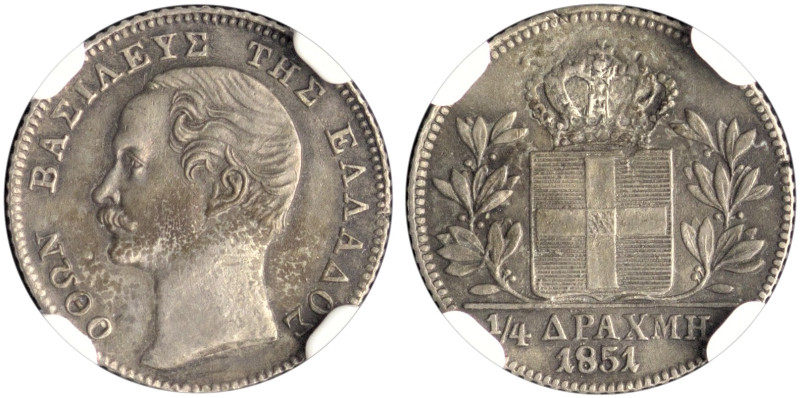 GREECE. Otho, 1832-1862. 1/4 Drachmi 1851 (Silver, 15 mm, 1.11 g, 5 h), Athens (...