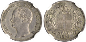 GREECE. Otho, 1832-1862. 1/2 Drachmi 1851 (Silver, 17 mm, 2.26 g, 6 h), Athens ( or Vienna according to some scholars ), struck from dies by K. Lange,...