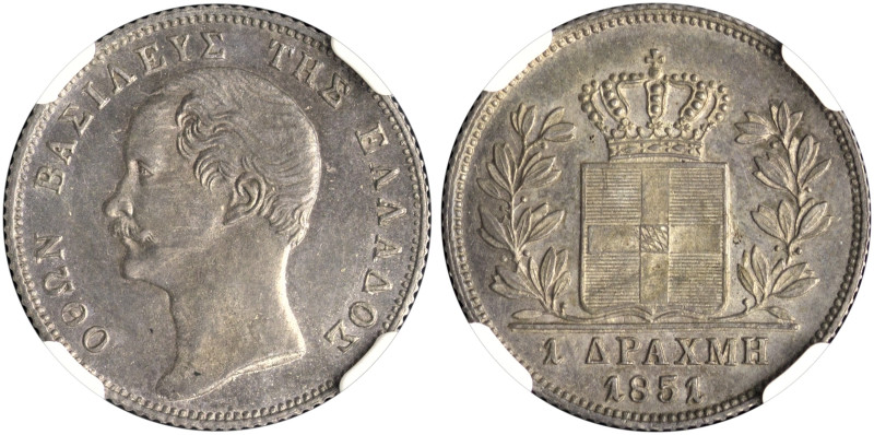 GREECE. Otho, 1832-1862. 1 Drachmi 1851 (Silver, 21 mm, 4.49 g, 6 h), Athens ( o...