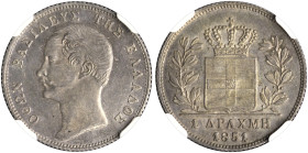 GREECE. Otho, 1832-1862. 1 Drachmi 1851 (Silver, 21 mm, 4.49 g, 6 h), Athens ( or Vienna according to some scholars ), struck from dies by K. Lange, r...