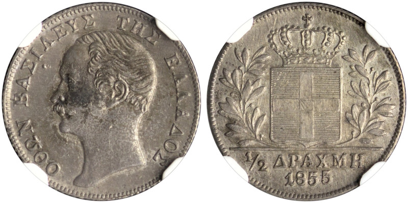 GREECE. Otho, 1832-1862. 1/2 Drachmi 1855 (Silver, 17 mm, 2.24 g, 6 h), Athens (...