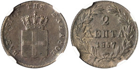 GREECE. Otho, 1832-1862. 2 Lepta 1857 (Copper, 17 mm, 2.51 g, 5 h), Athens, struck from dies by K. Lange, reeded edge. BΑΣΙΛΕΙON ΤΗΣ ΕΛΛΑΔΟΣ Crowned s...