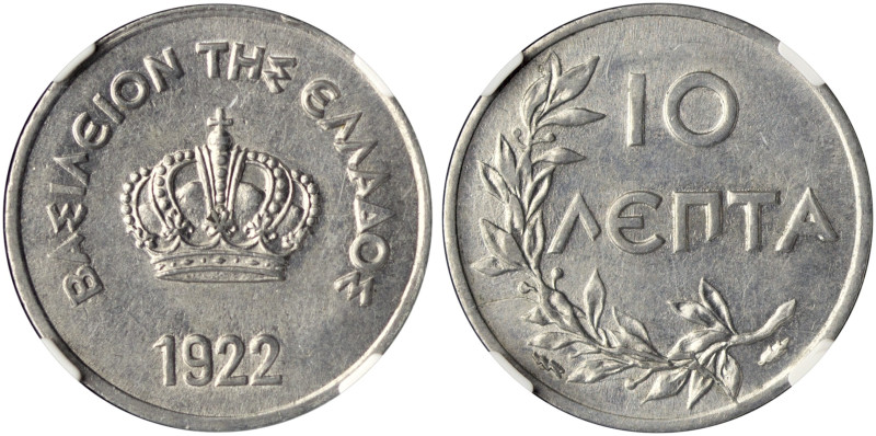 GREECE. Constantine I, second reign, 1920-1922. 10 Lepta 1922 (Aluminum, 21 mm, ...