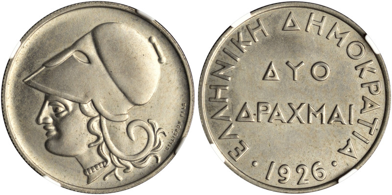 GREECE. Second Greek Republic, 1924-1935. Pattern 2 Drachmai 1926 (Copper-Nickel...
