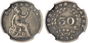 IONIAN ISLANDS, Ionian State, as a British protectorate. 1815-1864. 30 New Oboloi 1834 (Silver, 16 mm, 1.41 g, 6 h), London, struck from dies prepared...