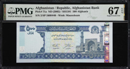 AFGHANISTAN. Da Afghanistan Bank. 500 Afghanis, ND (2002). P-71a. PMG Superb Gem Uncirculated 67 EPQ.

Estimate: $100.00- $150.00