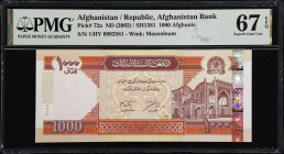 AFGHANISTAN. Da Afghanistan Bank. 1000 Afghanis, ND (2002). P-72a. PMG Superb Gem Uncirculated 67 EPQ.

Estimate: $100.00- $150.00