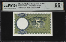 ALBANIA. Banca Nazionale d'Albania. 5 Franga, ND (1939). P-6a. SB704. PMG Gem Uncirculated 66 EPQ.

Estimate: $150.00- $250.00