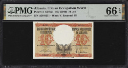 ALBANIA. Lot of (2). Banca Nazionale d'Albania. 10 Lek, ND (1940). P-11. SB703. PMG Choice Uncirculated 64 & Gem Uncirculated 66 EPQ.
Serial number A...