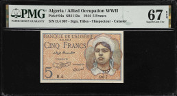ALGERIA. Banque de l'Algerie. 5 Francs, 1944. P-94a. SB1112a. PMG Superb Gem Uncirculated 67 EPQ.
32 examples graded by PMG with this note being the ...