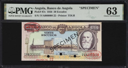 ANGOLA. Banco de Angola. 20 Escudos, 1956. P-87s. Specimen. PMG Choice Uncirculated 63.
PMG comments "Minor Corner Repair."

Estimate: $100.00- $15...